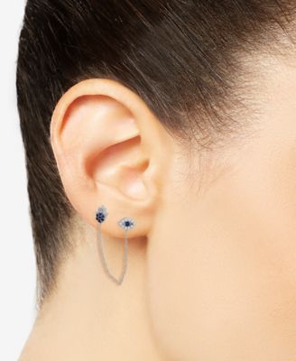 Lab-grown Blue Sapphire (1/4 ct. t.w.) & Lab-grown White Sapphire (1/4 ct. t.w.) Evil Eye & Hamsa Hand Double Pierced Chain Earrings in Sterling Silver