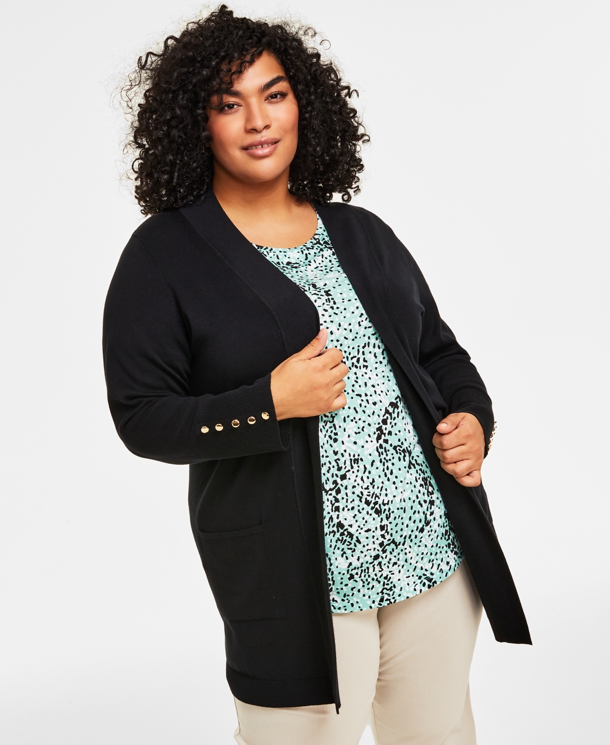 Jm Collection Plus Size Open-Front Long-Sleeve Cardigan, Exclusively at Macy's - Deep Black