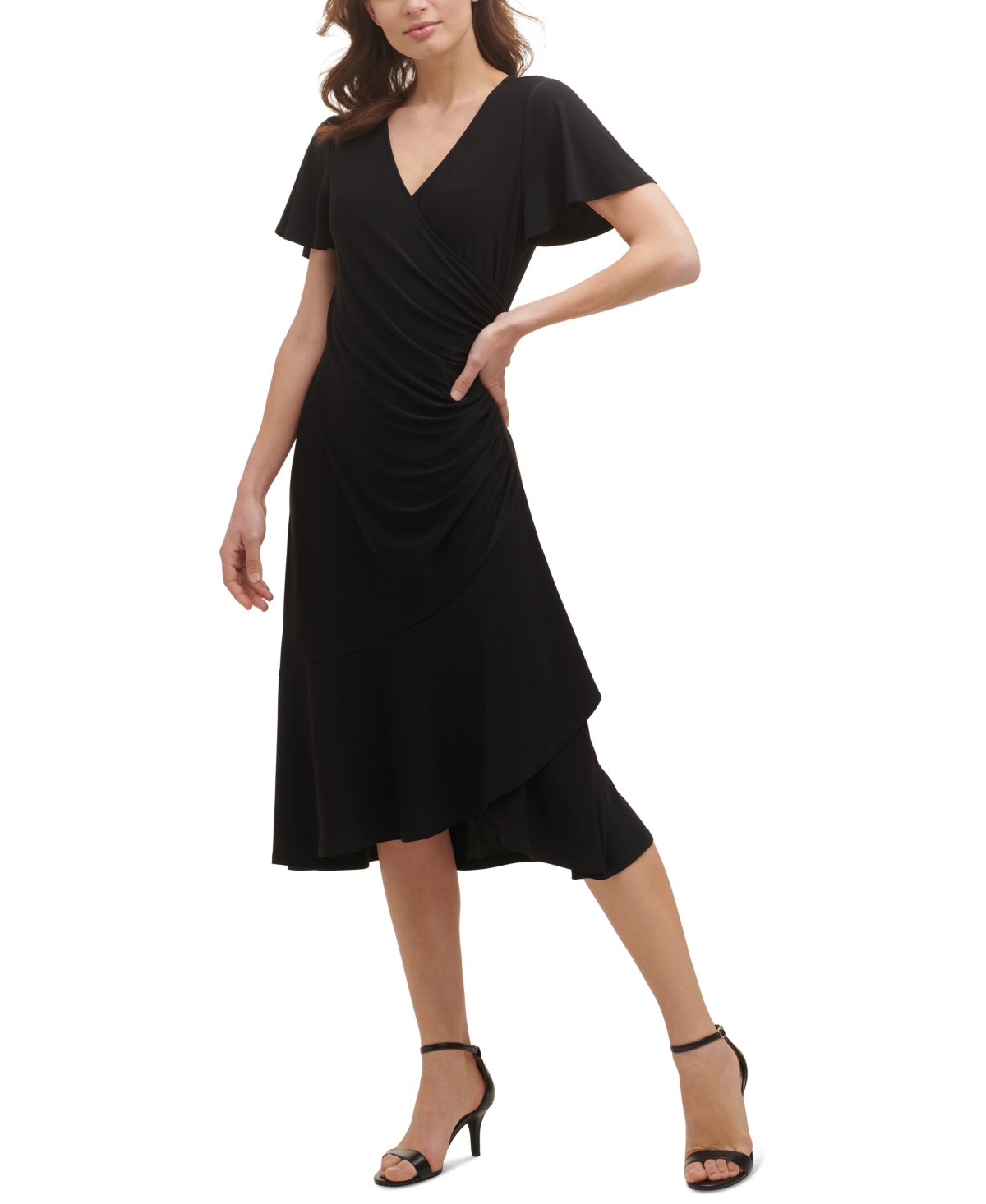 Kensie Flutter-sleeve Midi Dress In Black