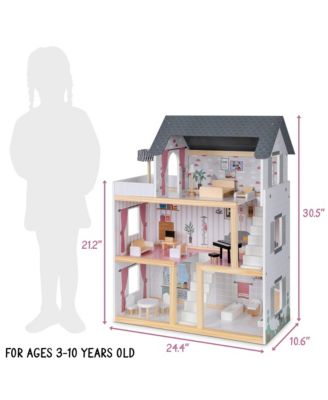 Lil Jumbl Kids 3-Floor, 17-Piece Wooden Dollhouse with 2 Staircases