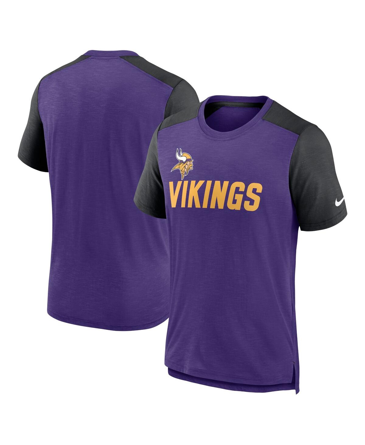Nike Men's  Heathered Purple, Heathered Black Minnesota Vikings Color Block Team Name T-shirt In Heathered Purple,heathered Black