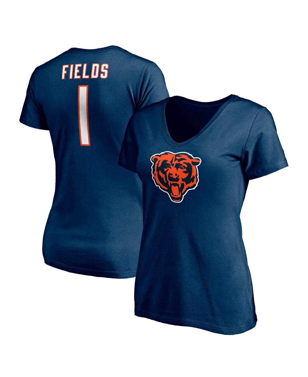 Fanatics Women's  Justin Fields Navy Chicago Bears Logo Player Icon Name And Number V-neck T-shirt