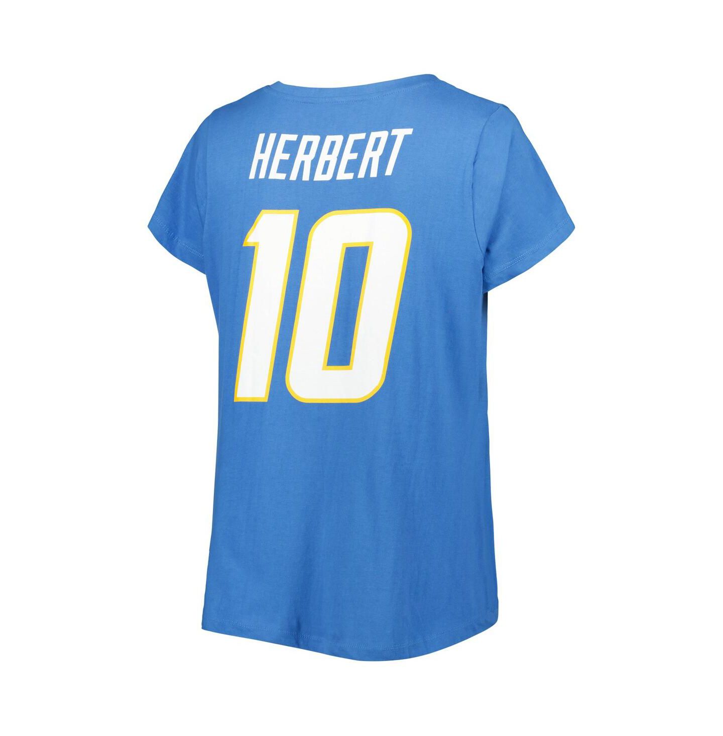 Женская футболка Fanatics Justin Herbert Powder Blue Los Angeles Chargers Plus Size Player Name and Number V-Neck — фото 2