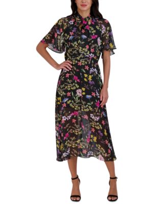 julia jordan Women's Floral-Print Tie-Neck Midi Dress - Macy's