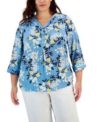 JM Collection - Plus Size Floral-Print Roll-Tab-Sleeve Top