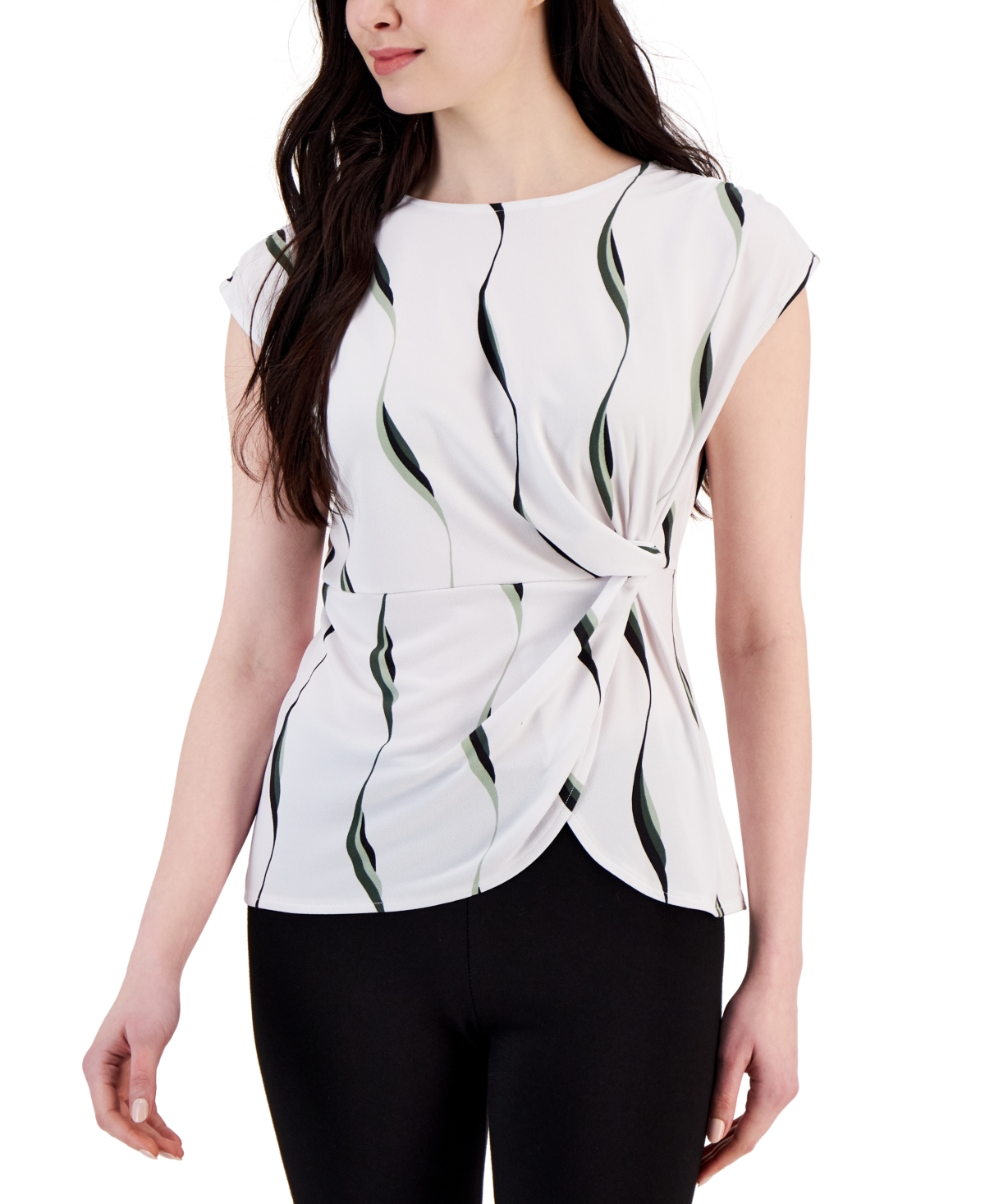 ALFANI PETITE ABSTRACT-PRINT SIDE-KNOT SLEEVELESS TOP, CREATED FOR MACY'S