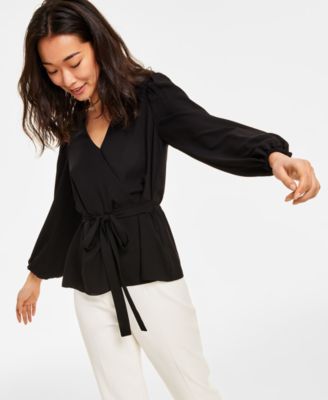 Anne Klein - Women's Faux-Wrap Long-Sleeve Peplum Blouse