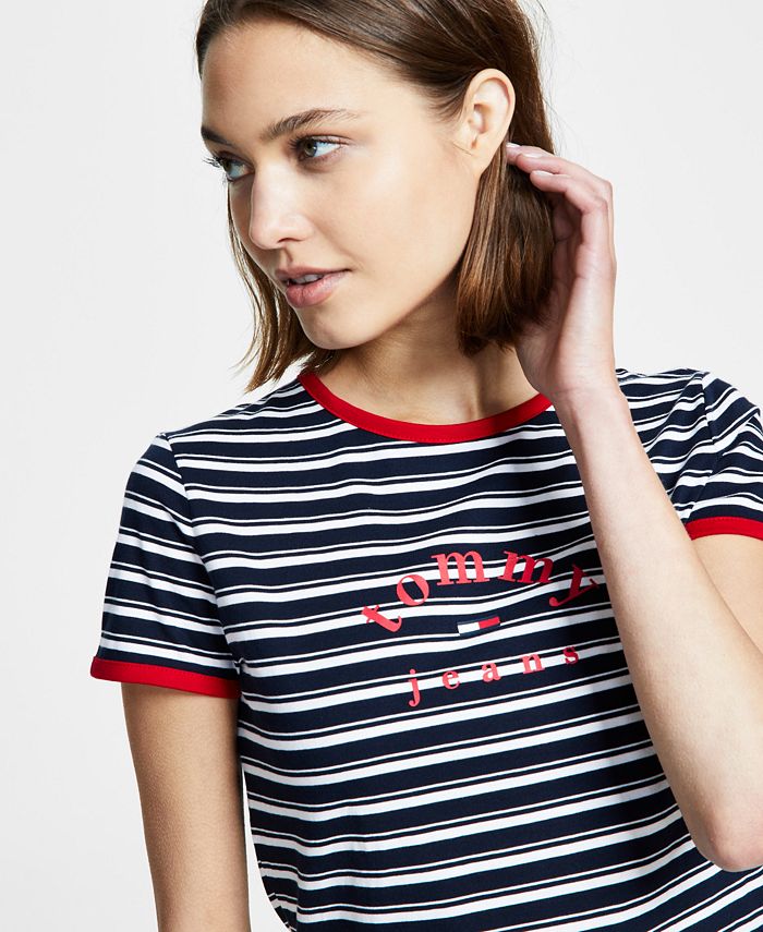 Tommy Jeans Women's Cotton Striped Logo Graphic T-Shirt - Macy's