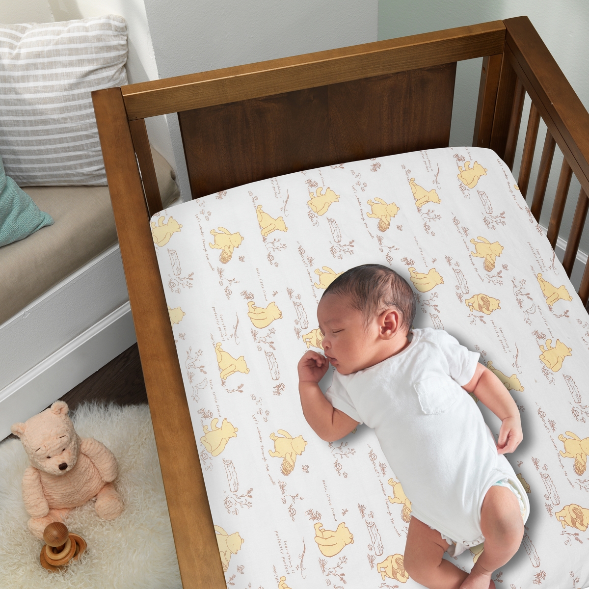 Lambs & Ivy Disney Baby Storytime Pooh 100% Cotton Fitted Sheet - White