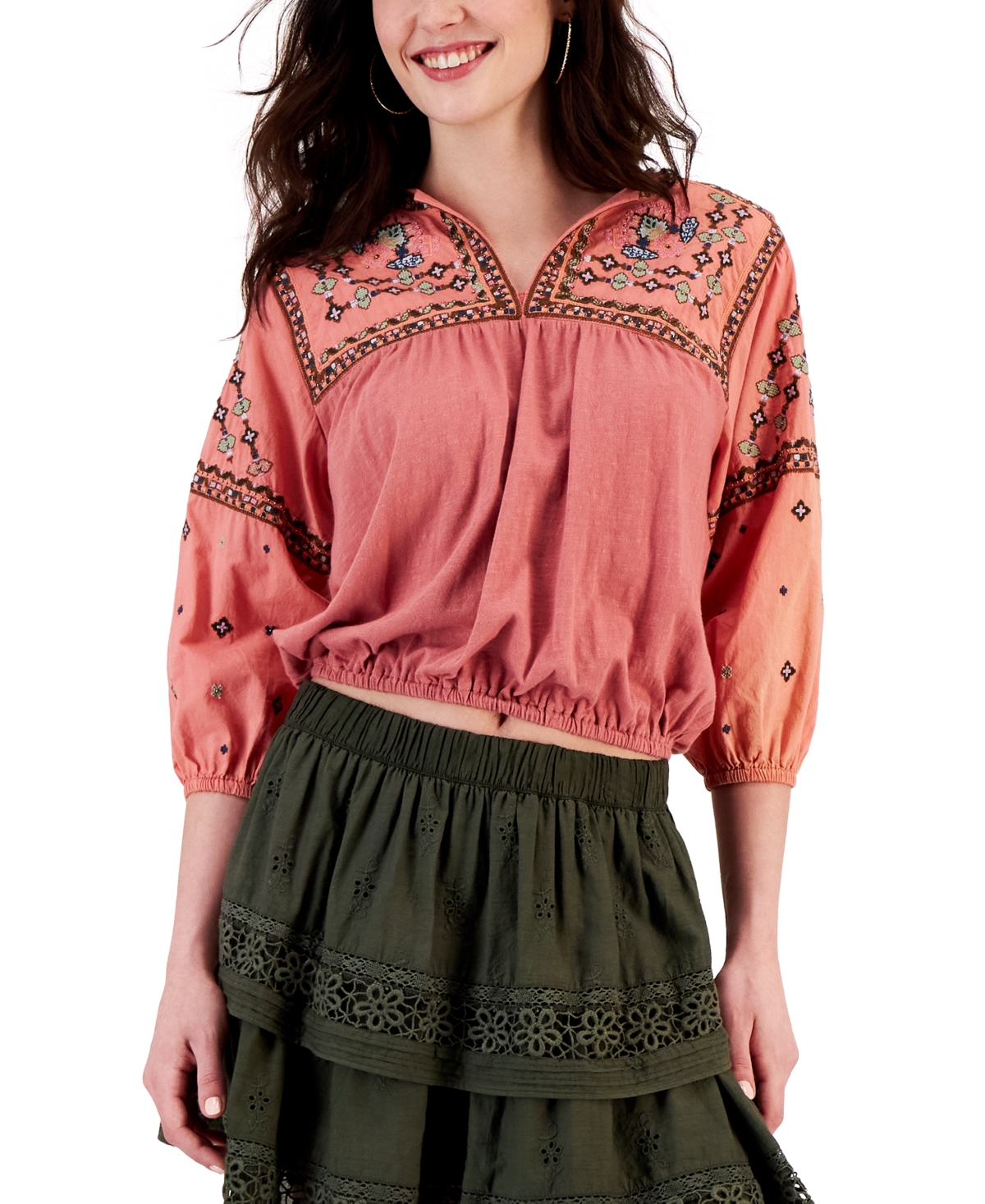 Lucky Brand Women's Embroidered Bubble-Hem Peasant Top