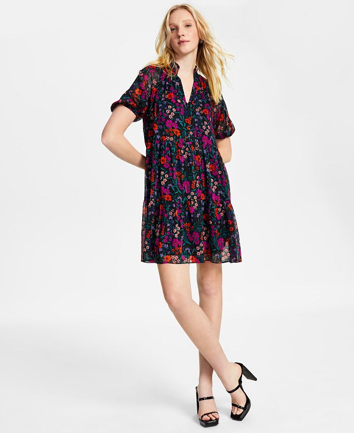 CeCe Women's FloralPrint PuffSleeve Babydoll Dress Macy's