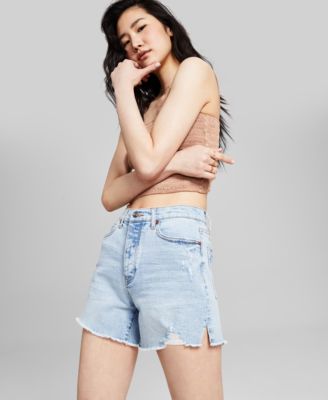 And Now This - Women's High-Rise Frayed-Hem White Jean Shorts