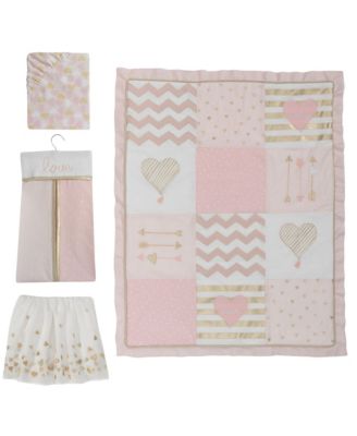 Baby Love Metallic Gold/Pink/White Hearts, Stripes and Chevrons 4-Piece Nursery Crib Bedding Set