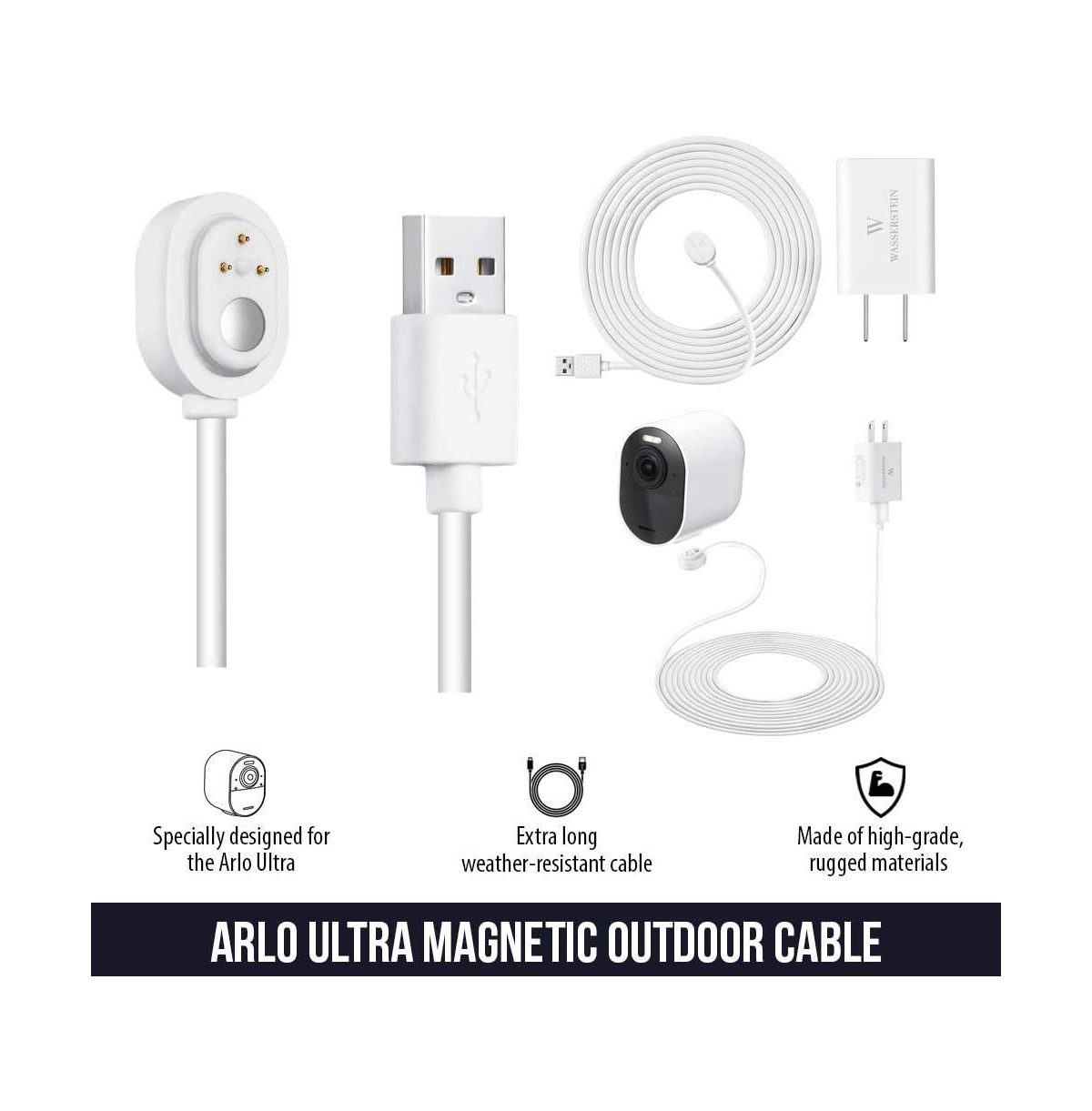 Wasserstein 6ft Weatherproof Outdoor Magnetic Charging Cable w/ Quick Charge Adapter for Arlo Ultra/Ultra 2, Pro 3/Pro 4/Pro 5s (1 Pack, - Whit