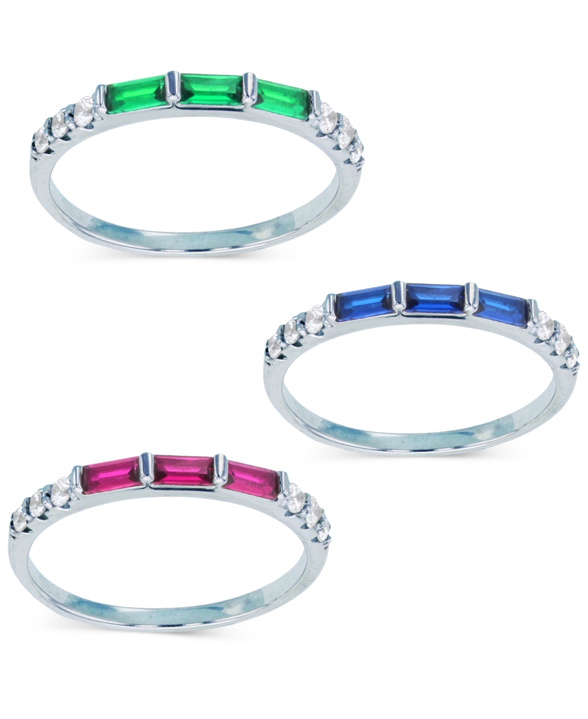 Macy's 3-pc. Set Multicolor Cubic Zirconia Baguette Stack Rings In Sterling Silver