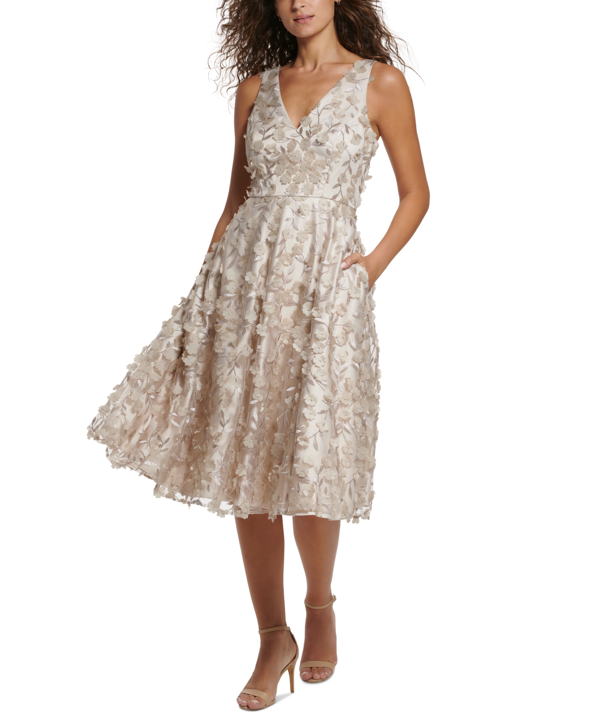 Eliza J 3d-floral Fit & Flare Midi Dress In Champagne | ModeSens