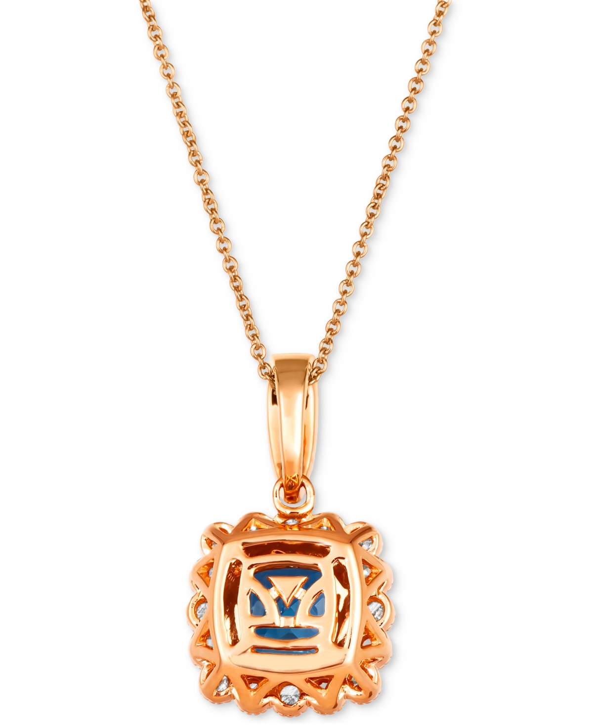 Le Vian Deep Sea Blue Topaz (2-1/2 ct. t.w.) & Diamond (1/2 ct. t.w.) Cushion Halo Pendant Necklace in 14k Rose Gold, 18