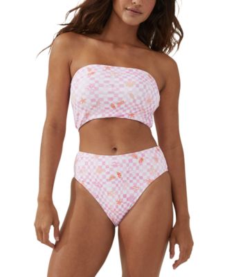 Cotton On Womens Pink Check Longline Bandeau Bikini Top High Waist