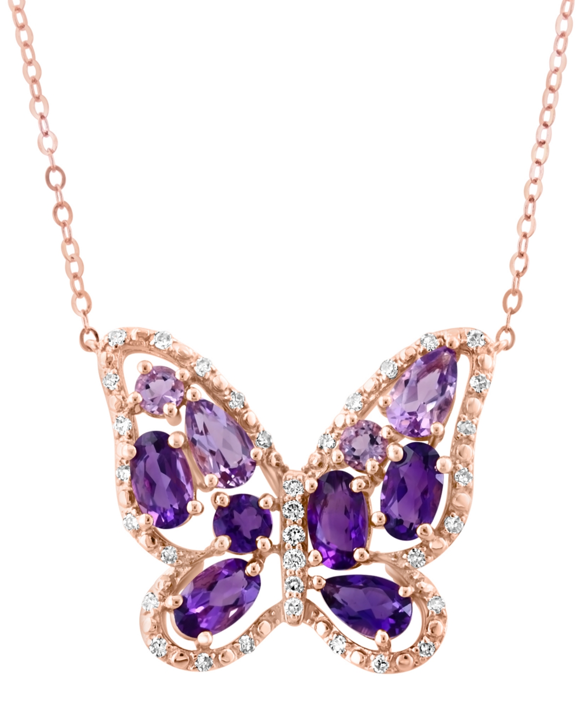 Lali Jewels Amethyst (1-1/4 ct. t.w.), Pink Amethyst (1/2 ct. t.w.) & Diamond (1/8 ct. t.w.) Butterfly Pendant Necklace in 14k Rose Gold, 16" + 2" extender