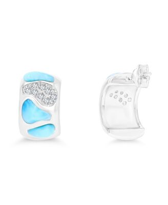 Larimar and Cubic Zirconia Accent Mosaic Half Hoop Earrings in Sterling Silver