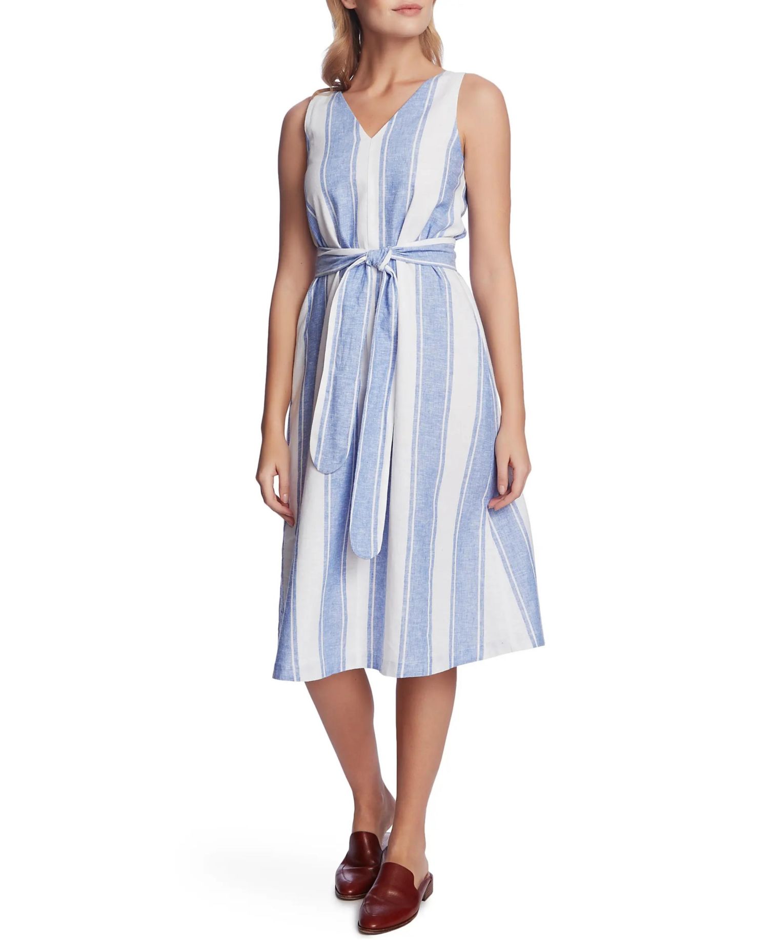Women's Sleeveless V-neck Tie Waist Dress