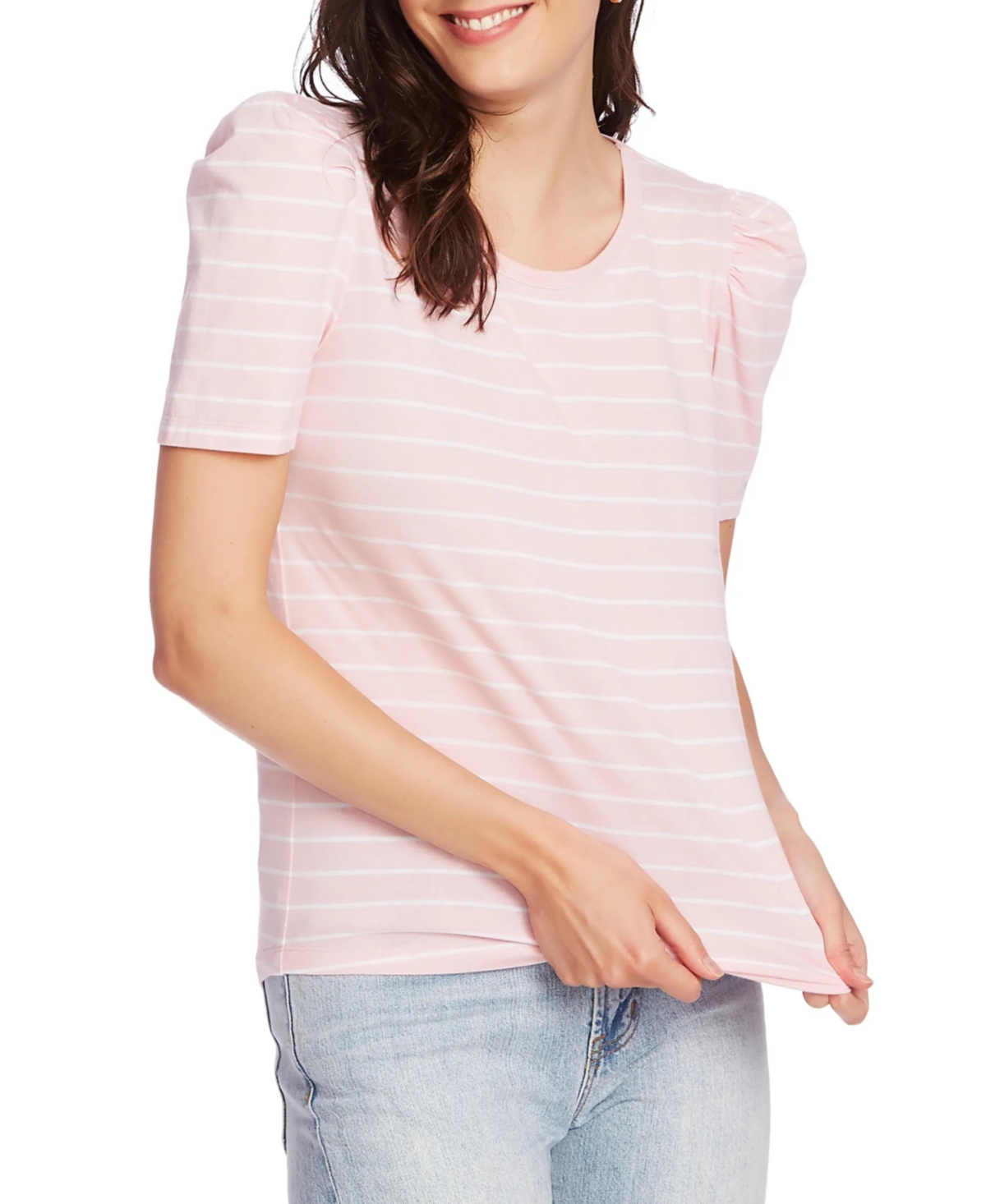 Women's Short Sleeve Classic Stripe Puff Sleeve T-shirt - Fresh Peony