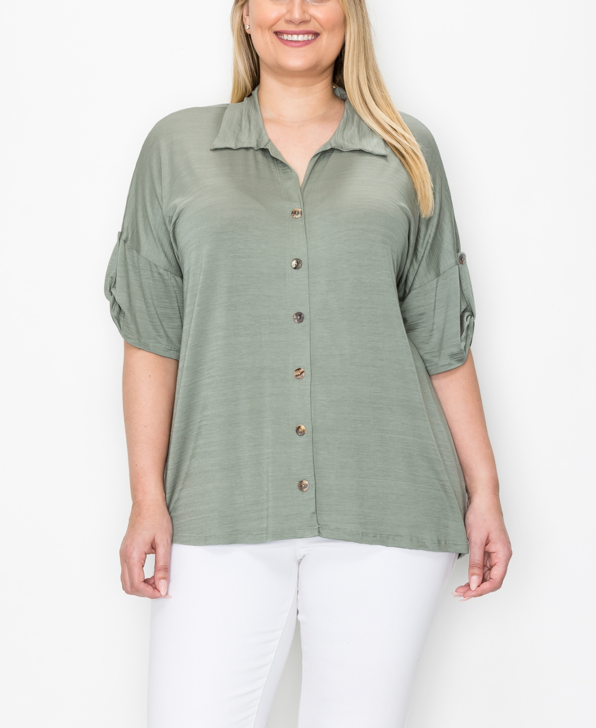 Coin 1804 Plus Size Campshirt Rolled Tab Short Sleeve Top In Dusty Green