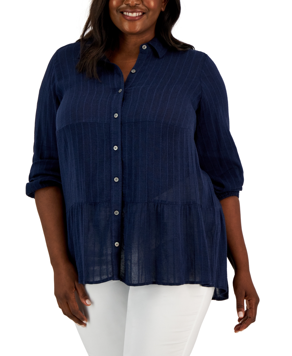 Shop Style & Co Plus Size Long-sleeve Tiered Tunic Shirt, Created For Macy's In Industrial Blue