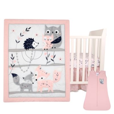 Forever Friends White/Pink/Gray Woodland Fox/Owl 4-Piece Nursery Crib Baby Bedding Set