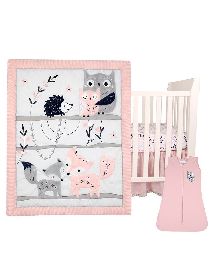 Lambs & Ivy Forever Friends White/Pink/Gray Woodland Fox/Owl 4Piece