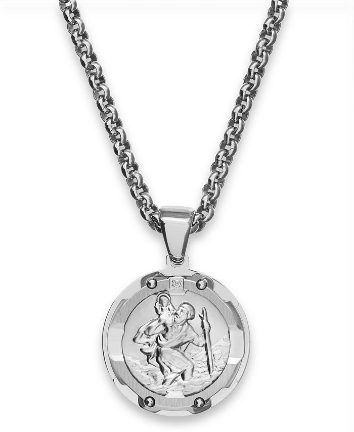 Macy's - Men's St. Christopher Diamond Pendant Necklace in Stainless Steel