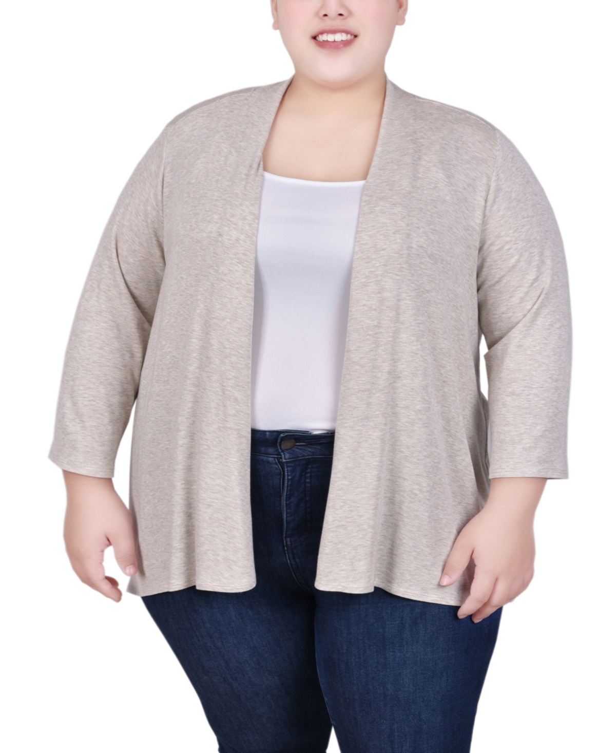 Ny Collection Plus Size Draped Open-front Cardigan In Oatmeal
