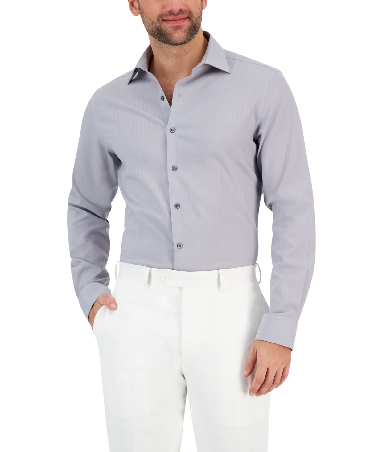 Alfani Men's Slim Fit Herringbone Dress Shirt, Created For Macy's In Grey