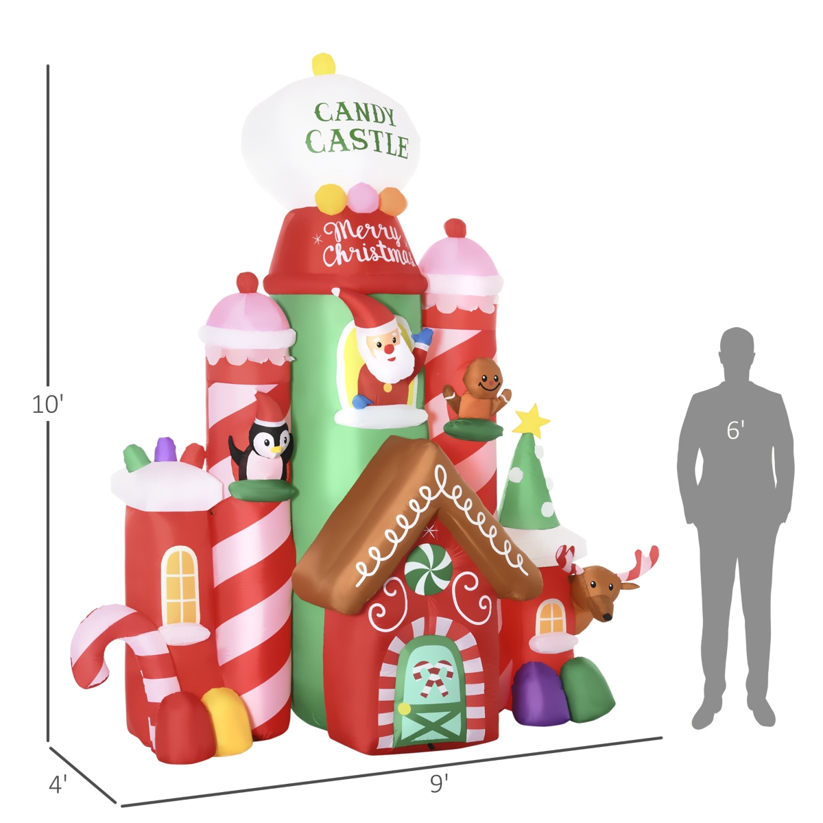 Outsunny 10ft Christmas Inflatables Outdoor Decorations Candy Castle, Blow-Up Led Yard Christmas Decor, Built-in Rotating Colorful Light for Party