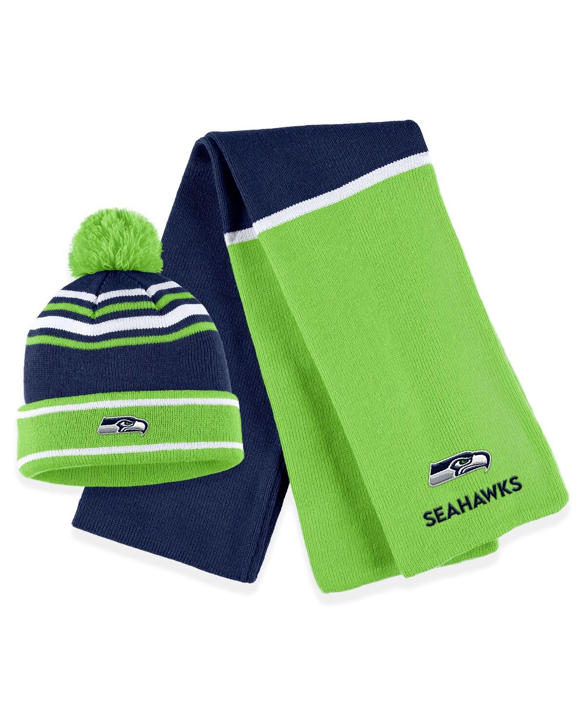 Women's Wear by Erin Andrews College Navy Seattle Seahawks Colorblock Cuffed Knit Hat with Pom and Scarf Set - Navy