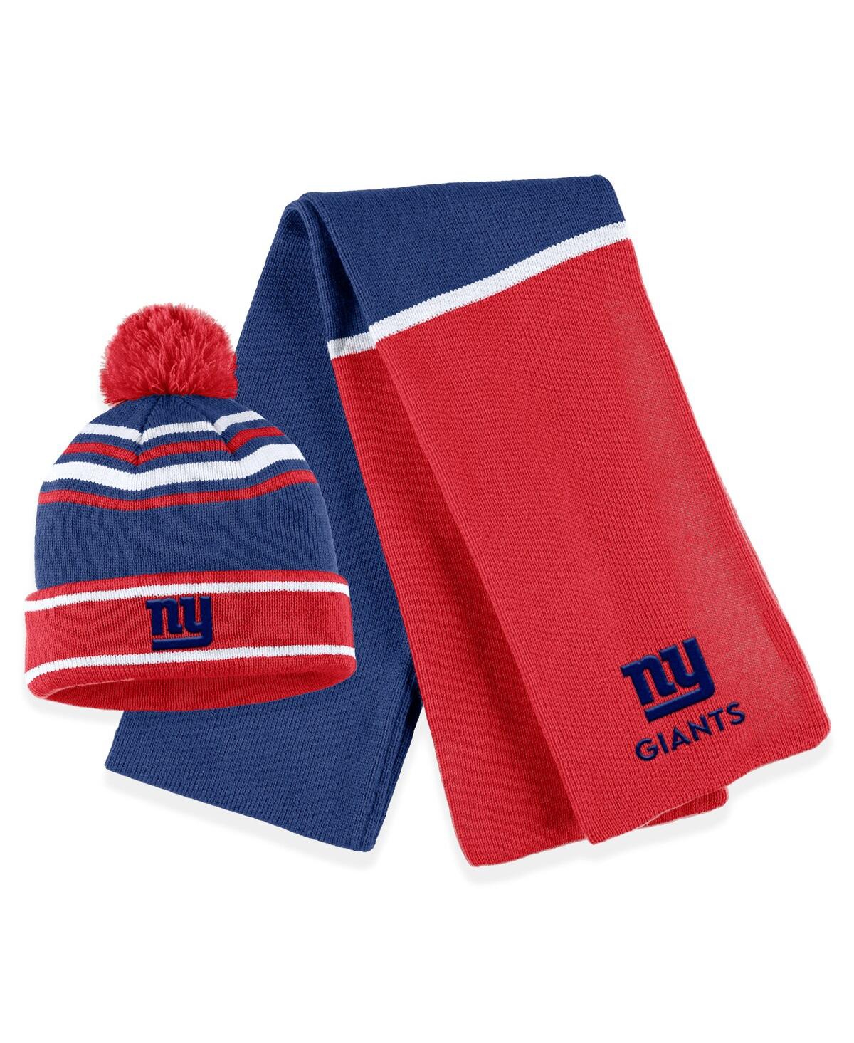 Wear By Erin Andrews Women's  Royal New York Giants Colorblock Cuffed Knit Hat With Pom And Scarf Set