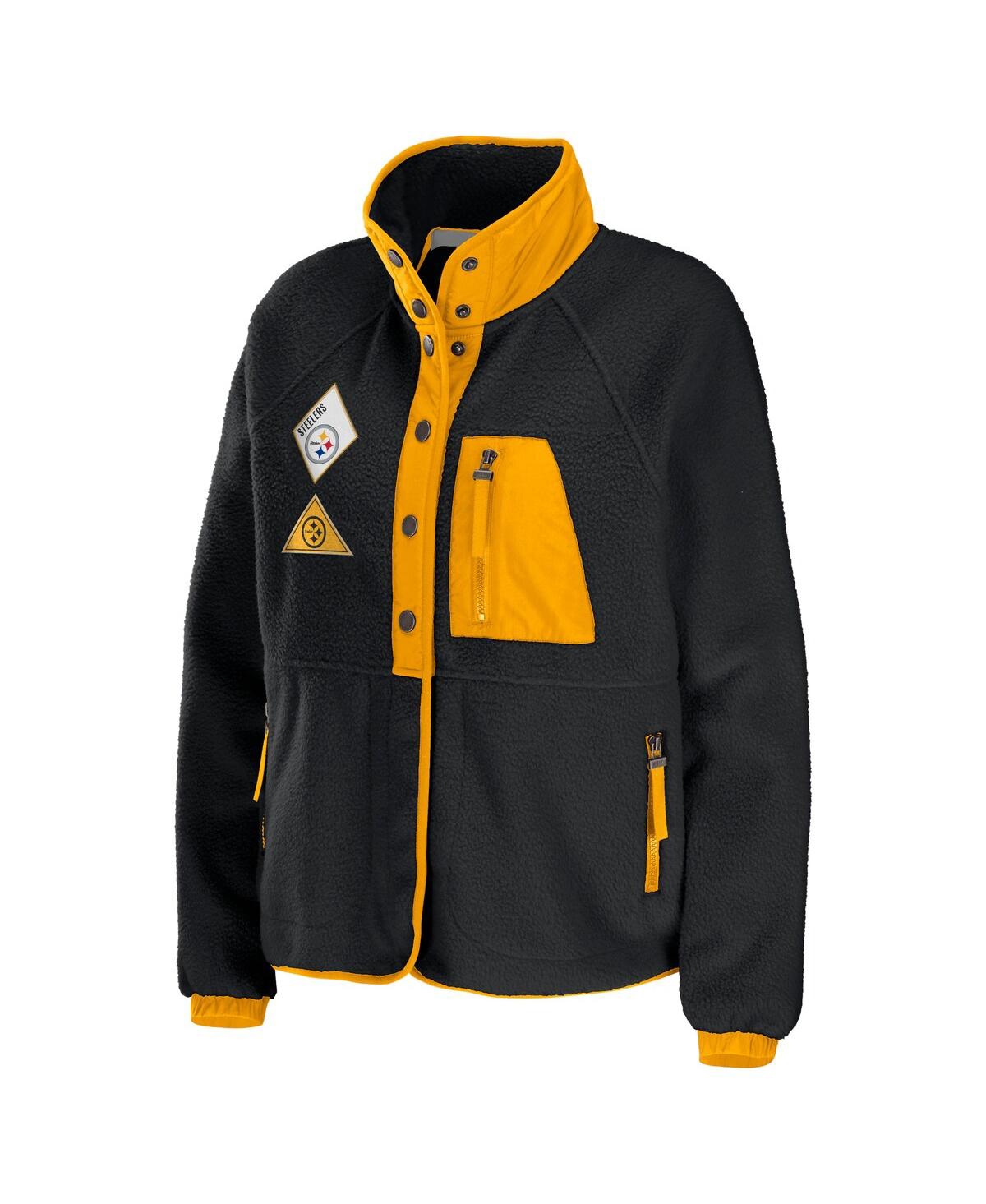 Wear By Erin Andrews Black Pittsburgh Steelers Polar Fleece Raglan Full-snap Jacket In Black