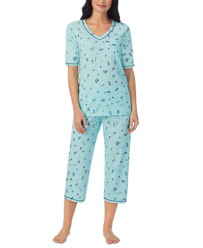 Cuddl Duds Printed Elbow-Sleeve Top & Capri Pants Pajama Set - Mint Print - Size M