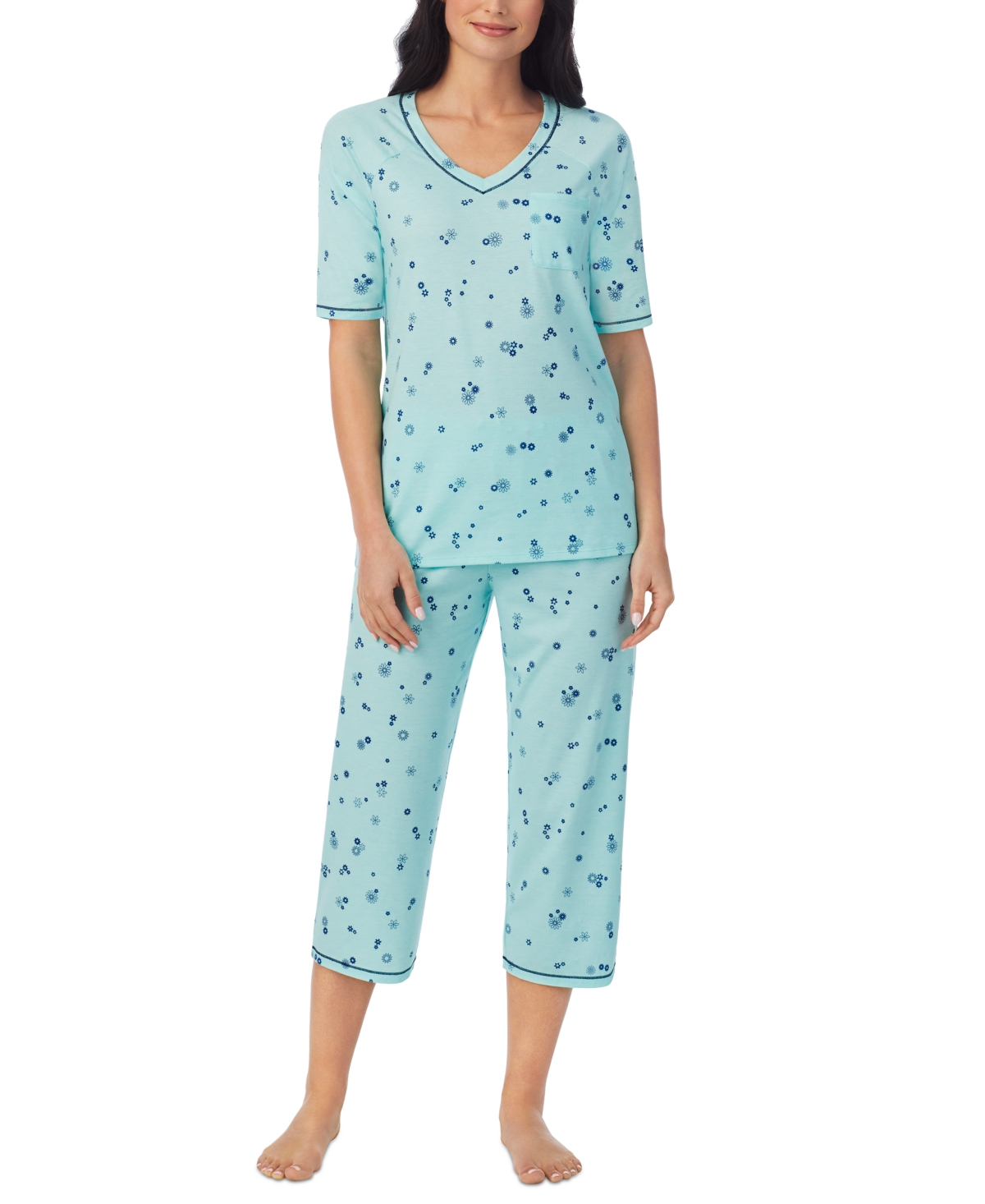 Printed Elbow-Sleeve Top & Capri Pants Pajama Set - Grey Ditsy