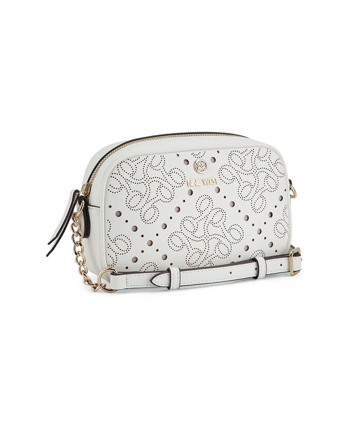 Nine West Women's Delaine Crossbody Saddle Bag | Beige Logo Merlot | Hands-Free Everyday Purse