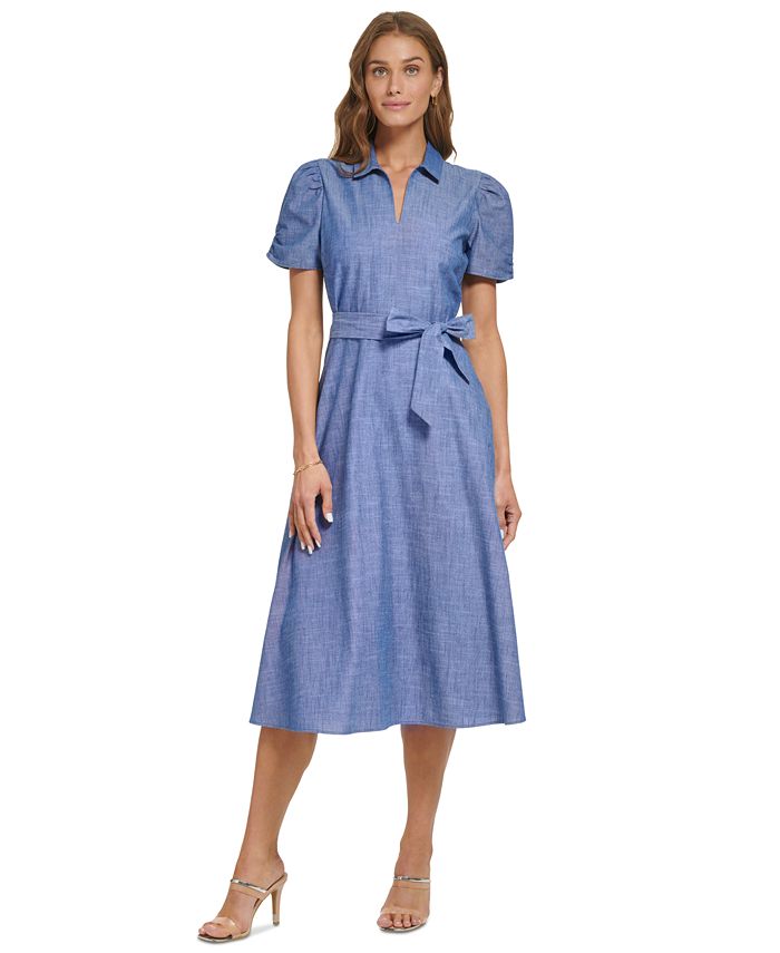 DKNY Women's Ruched-Sleeve Belted Shirtdress - Macy's