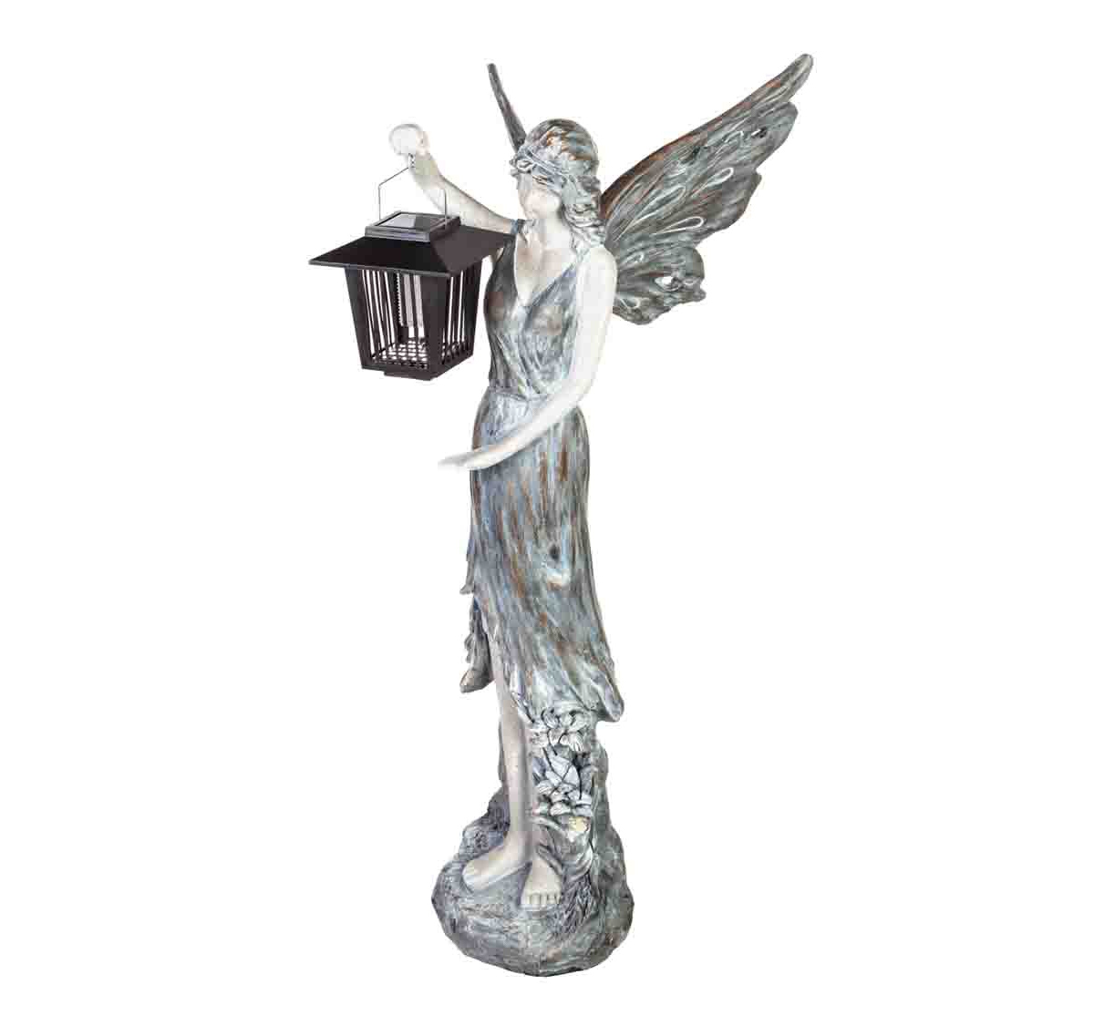 Evergreen 36"h Angel Garden Statue W/blue Light Lantern- In Black