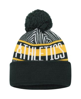 Big Boys and Girls Green Oakland Athletics Striped Cuffed Knit Hat with Pom