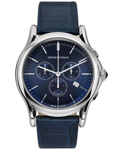 Emporio Armani Men's Swiss Chronograph Blue Leather Strap Watch 44mm ARS4010
