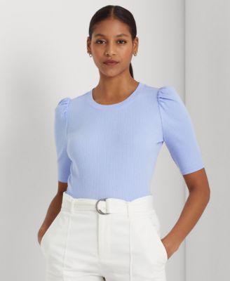 Lauren Ralph Lauren Women's Rib-Knit Puff-Sleeve T-Shirt Macy's