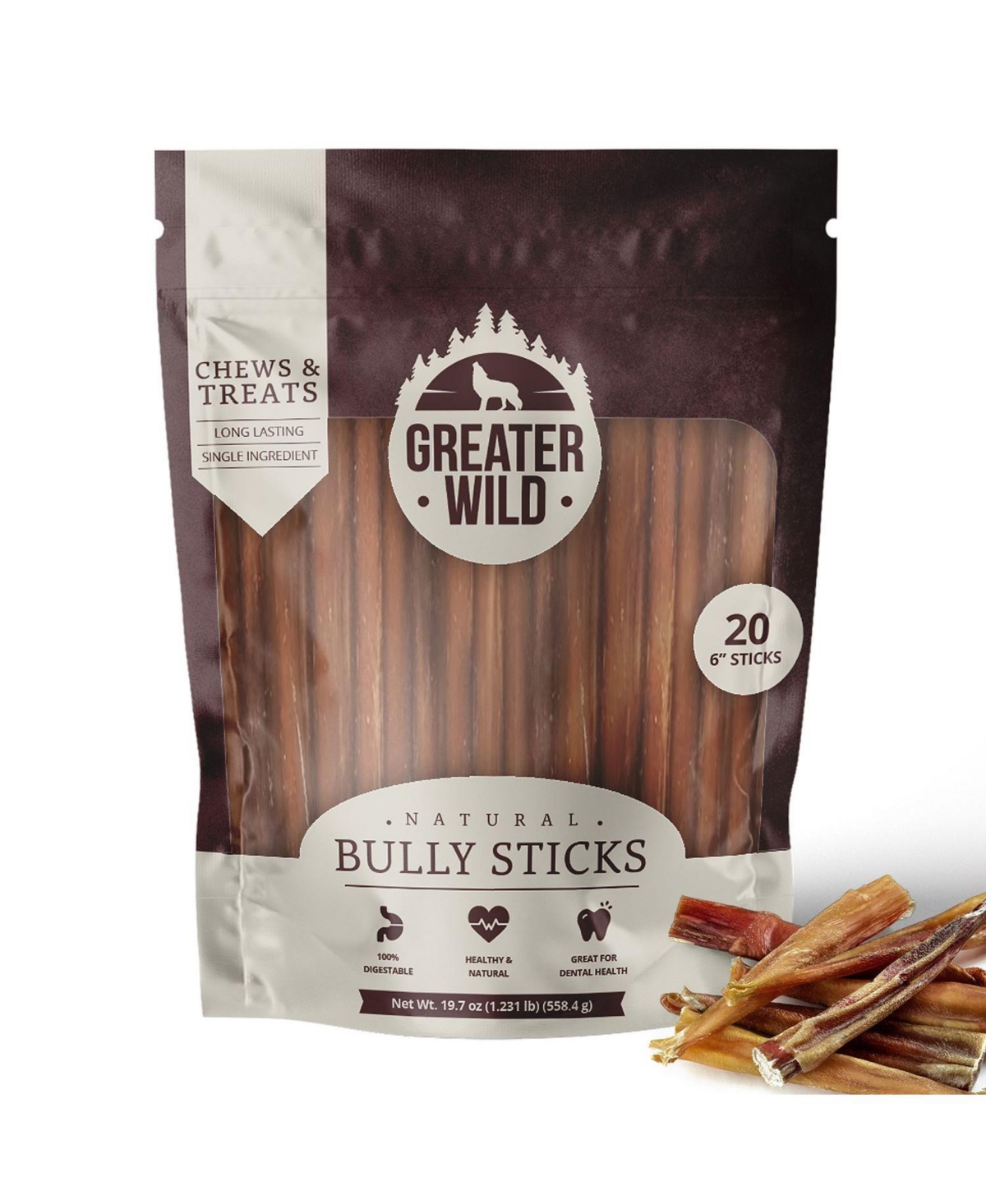 6" Single-Ingredient Beef Bully Sticks, All-Natural Dog Treats - 20 Sticks - Brown