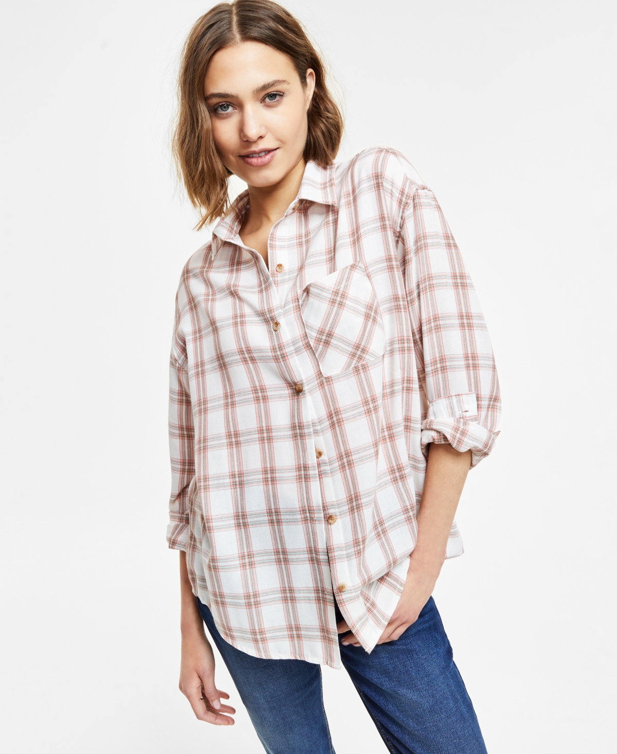 Just Polly Juniors' Plaid-Print Button-Front Long-Sleeve Shirt