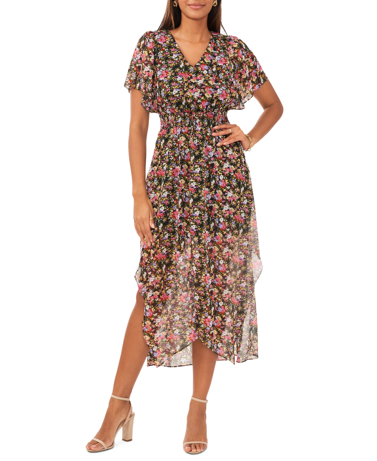 Msk Plus Size Chiffon Flutter-sleeve Floral Maxi Dress In Fuchsia ...
