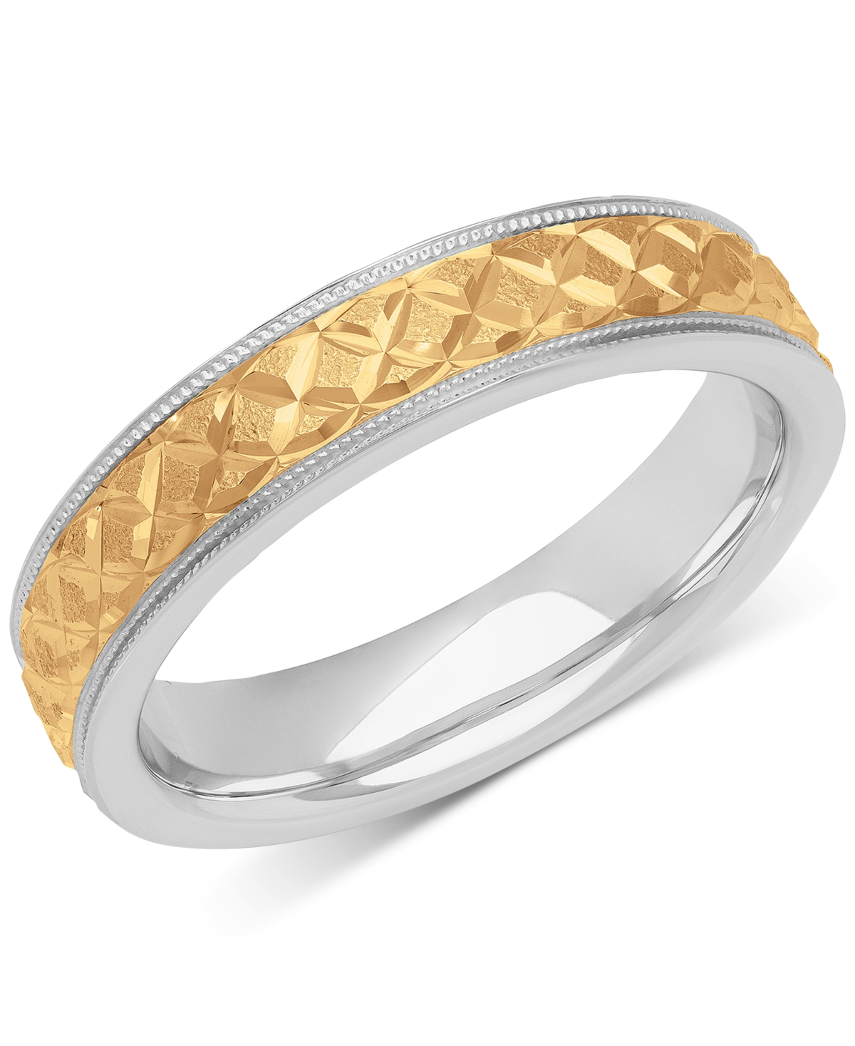 Macy's Men's Quilt Carved Two-tone Wedding Band In Sterling Silver & 18k Gold-plate