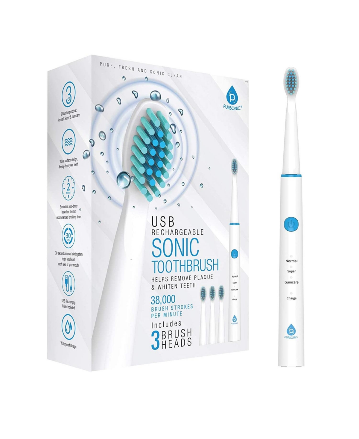 Pursonic Usb Rechargeable Sonic Toothbrush In White